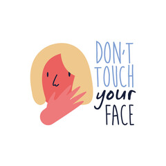 dont touch your face lettering campaign with woman flat style