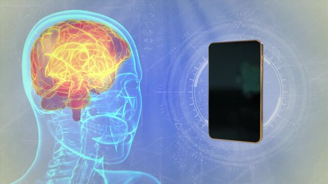 4K 60 fps 3D animation - holographic human head moving with ringing incoming call phone, brain harm by mobile network concept