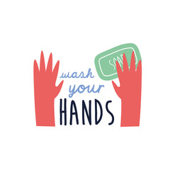 wash your hands lettering campaign with soap bar flat style