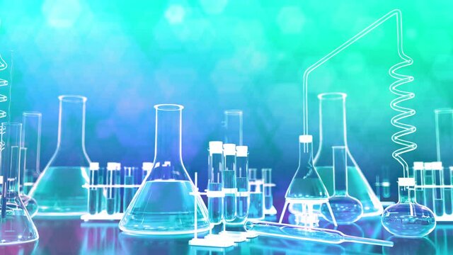 Test tubes and other lab glassware scroll seamless loop on blue with flying glitters aromatherapy concept or chemical background - 60FPS 4K UHD 3D loopable animation