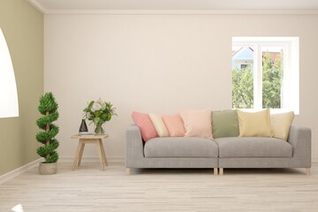 White living room with sofa. Scandinavian interior design. 3D illustration