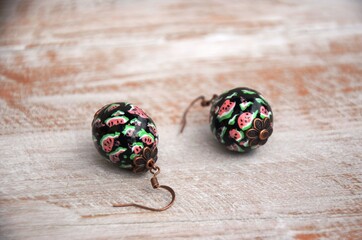 Handpainted black wooden ball earrings