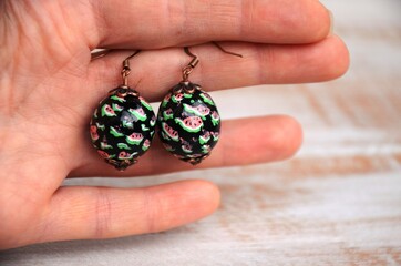 Handpainted black wooden ball earrings