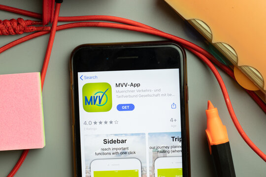 New York, United States - 7 November 2020: MVV-App MVV app store logo on phone screen, Illustrative Editorial
