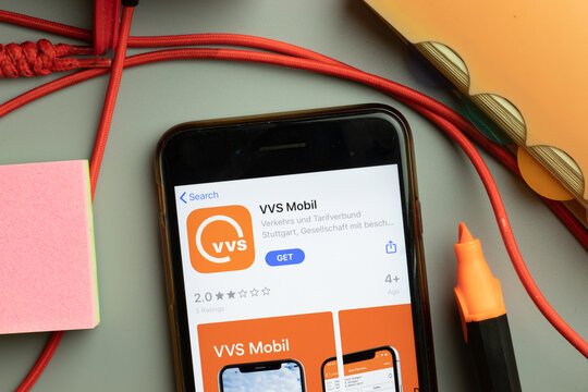 New York, United States - 7 November 2020: VVS Mobil app store logo on phone screen, Illustrative Editorial