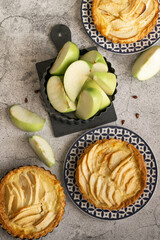 Ready to eat apple pies on grey background