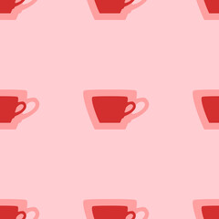 Seamless pattern of large isolated red coffee cup symbols. The elements are evenly spaced. Vector illustration on light red background