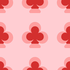 Seamless pattern of large isolated red clubs. The elements are evenly spaced. Vector illustration on light red background