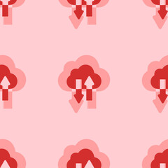 Seamless pattern of large isolated red cloud technology symbols. The elements are evenly spaced. Vector illustration on light red background