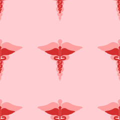 Seamless pattern of large isolated red caduceus symbols. The elements are evenly spaced. Vector illustration on light red background