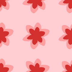 Seamless pattern of large isolated red narcissus flowers. The elements are evenly spaced. Vector illustration on light red background