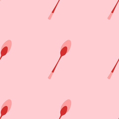 Seamless pattern of large isolated red spoons. The elements are evenly spaced. Vector illustration on light red background