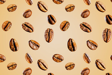 Seamless pattern of coffee beans on beige background.