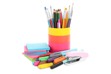 Set of colorful school stationery on white background
