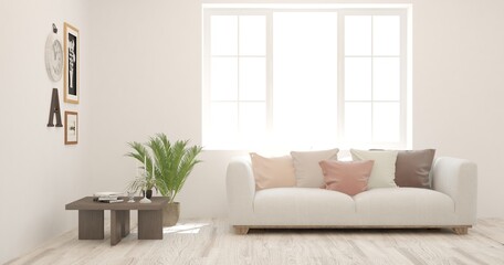 White living room with sofa. Scandinavian interior design. 3D illustration