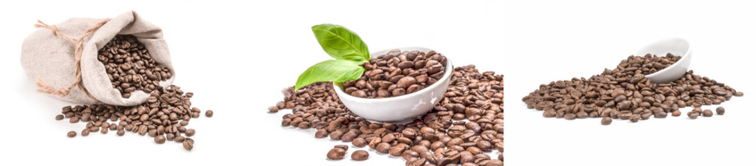 Group of brown coffee beans over a white background