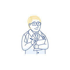 Thin line doctor portrait with clipboard avatar isolated on white background. Flat male young physician check up with stethoscope and checklist. Outline medical character vector illustration.