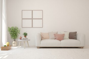 Fototapeta premium White living room with sofa. Scandinavian interior design. 3D illustration