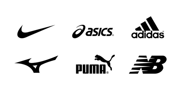 Nike, Asics, Adidas, Mizuno, Puma, New balance - logos of sports equipment and sportswear company. Kyiv, Ukraine - November 15, 2020