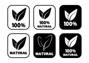 100 percent natural round badges. Set of round stamps with leaves inside for product with natural ingredients. Healthy foods icons. Plant circle label. Vector
