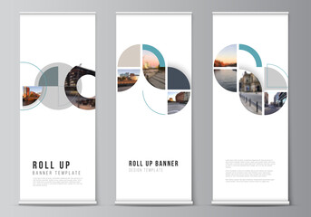 Vector layout of roll up mockup design templates for vertical flyers, flags design templates, banner stands. Background with abstract circle round banners. Corporate business concept template.