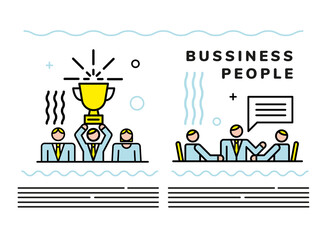 business people team with speech bubble and trophy cup