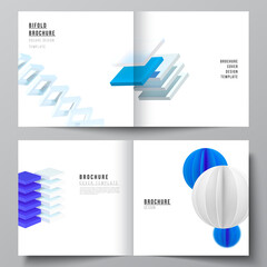 Vector layout of two covers template for square bifold brochure, flyer, magazine, cover design, book design, brochure cover. 3d render vector composition with realistic geometric blue shapes in motion