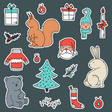 Set of stickers with Christmas and New Year elements. Vector illustration.