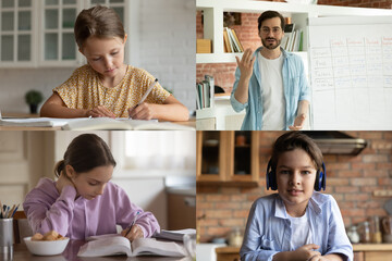 Laptop screen view young male creative caucasian teacher giving foreign language online class to interested small children pupils using video call application, distant education e-learning concept.