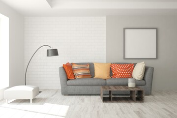 White living room with sofa. Scandinavian interior design. 3D illustration
