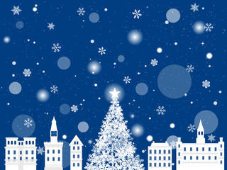Fototapeta na wymiar クリスマス　雪の降る洋風の街　風景イラスト　青色