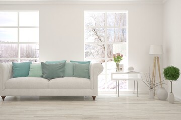 White living room with sofa and winter landscape in window. Scandinavian interior design. 3D illustration