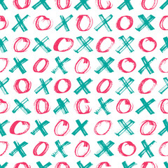 Hand painted background with cross marks and circles. Tic Tac toe game seamless pattern. Vector illustration
