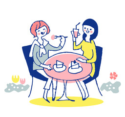 オープンカフェでくつろぐ2人の若い女性