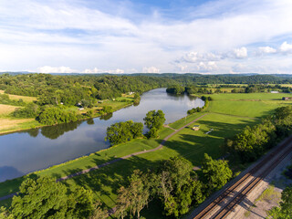 Aerial view of river winding through the countryside