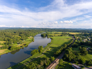 Fototapeta na wymiar Aerial view of river winding through the countryside