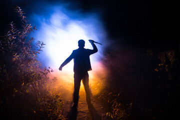 strange light in a dark forest at night. Silhouette of person standing in the dark forest with...