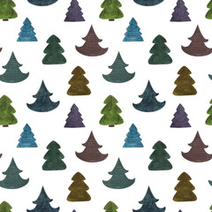 Watercolor christmas seamless pattern with colourful xmas trees.