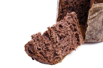 cut chocolate panettone isolated on white background