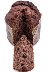 cut chocolate panettone isolated on white background