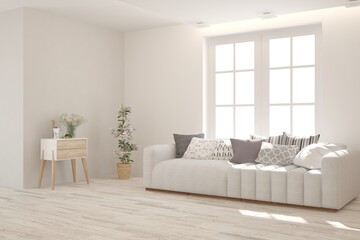 White living room with sofa. Scandinavian interior design. 3D illustration