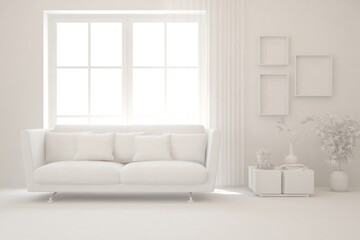 White minimalist living room with sofa. Scandinavian interior design. 3D illustration