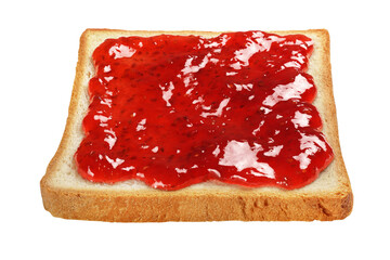 Slice of toasted bread with red jam isolated on white.