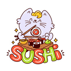 Cute happy smiling cat eat sushi logo