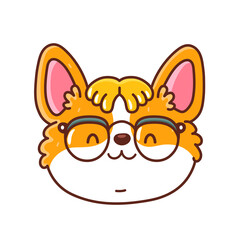 Cute happy corgi dog face in geek glasses