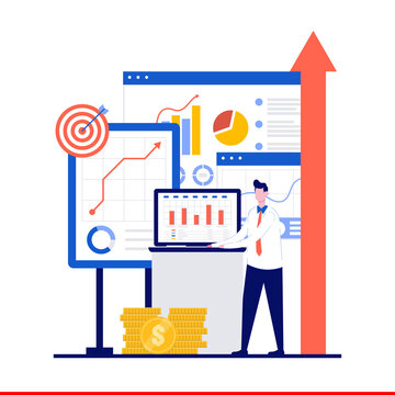 Business growth concept with character. Businesspeople trading and building to success. Finance and economy profit with coins. Modern flat illustration for landing page, infographic, hero image