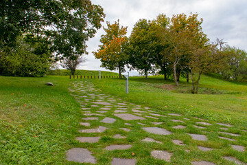  A trail on the lawn next to the ruins of the Devin castle in Slovakia.
