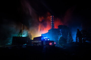 Chernobyl nuclear power plant at night. Layout of Chernobyl station during nuclear reactor...