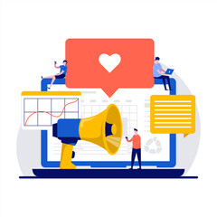 SMM, social media marketing service concept with character. Online tool or service for social media analytics. People standing near laptop, charts, internet indicators and megaphone