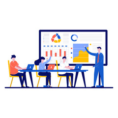 Office work concept with character. Corporate workflow process. Business team meeting and working together at the big desk using laptops. Modern flat illustration for landing page, hero image